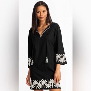 Johnny Was Black Relaxed Kimono Sleeve Dress White Embroidery Medium